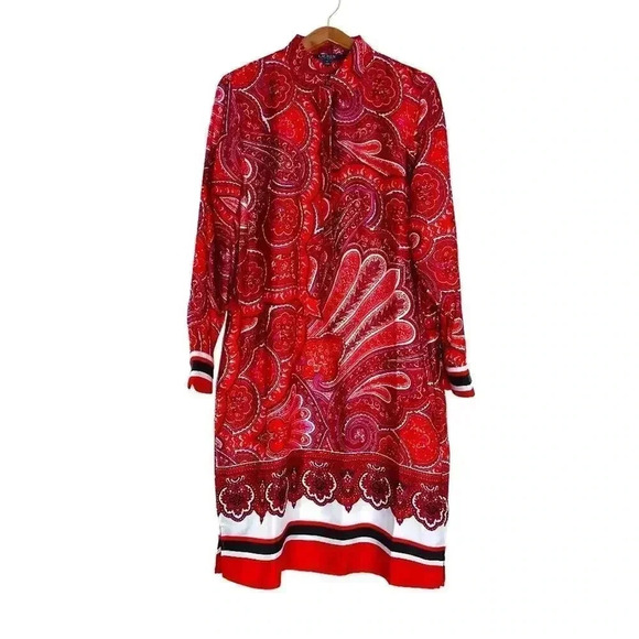 Lauren Ralph Lauren Dresses & Skirts - Ralph Lauren Red Paisley Satin Scarf Dress Long Sleeves Women's Size 12